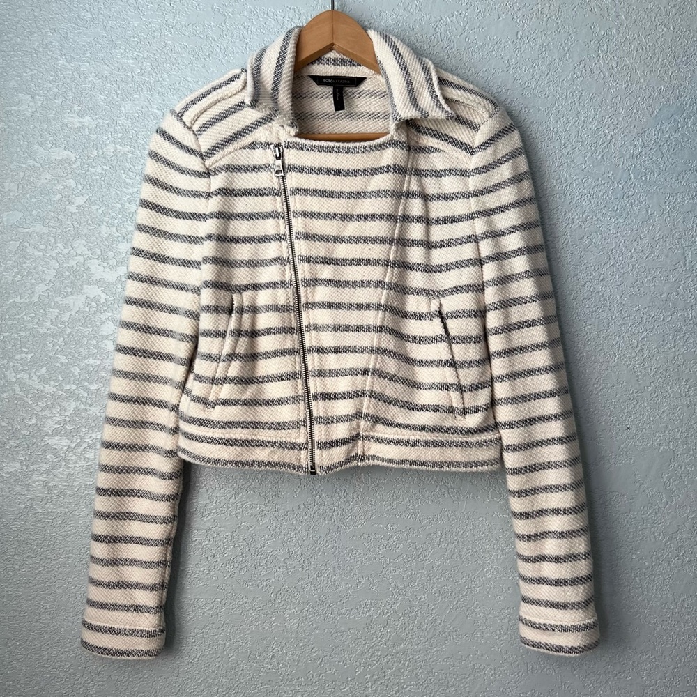 BCBG Max Azria Striped Knit Moto Jacket in Cream Gray Women’s Size Small
